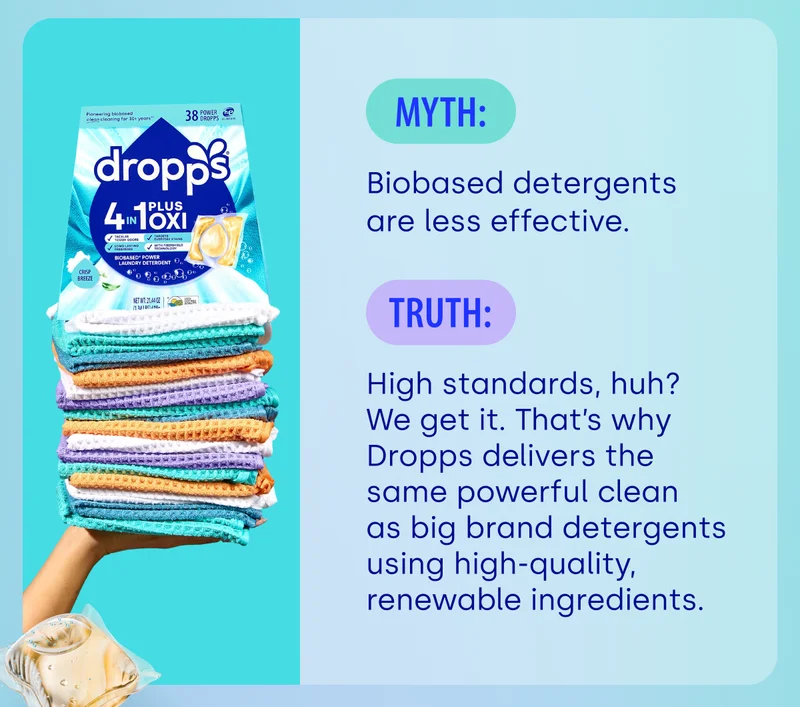 MYTH: Biobased detergents are less effective. TRUTH: High standards, huh?  We get it. That’s why Dropps delivers the same powerful clean  as big brand detergents using high-quality, renewable ingredients.