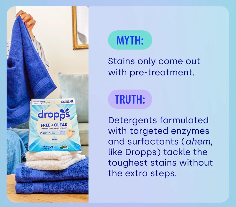MYTH: Stains only come out with pre-treatment. TRUTH: Detergents formulated with targeted enzymes and surfactants (ahem, like Dropps) tackle the toughest stains without the extra steps.