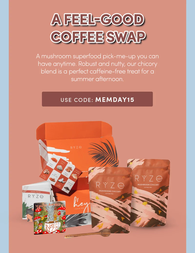 A feel-good coffee swap | A mushroom superfood pick-me-up you can have anytime. Robust and nutty, our chicory blend is a perfect caffeine-free treat for a summer afternoon | use code MEMDAY15