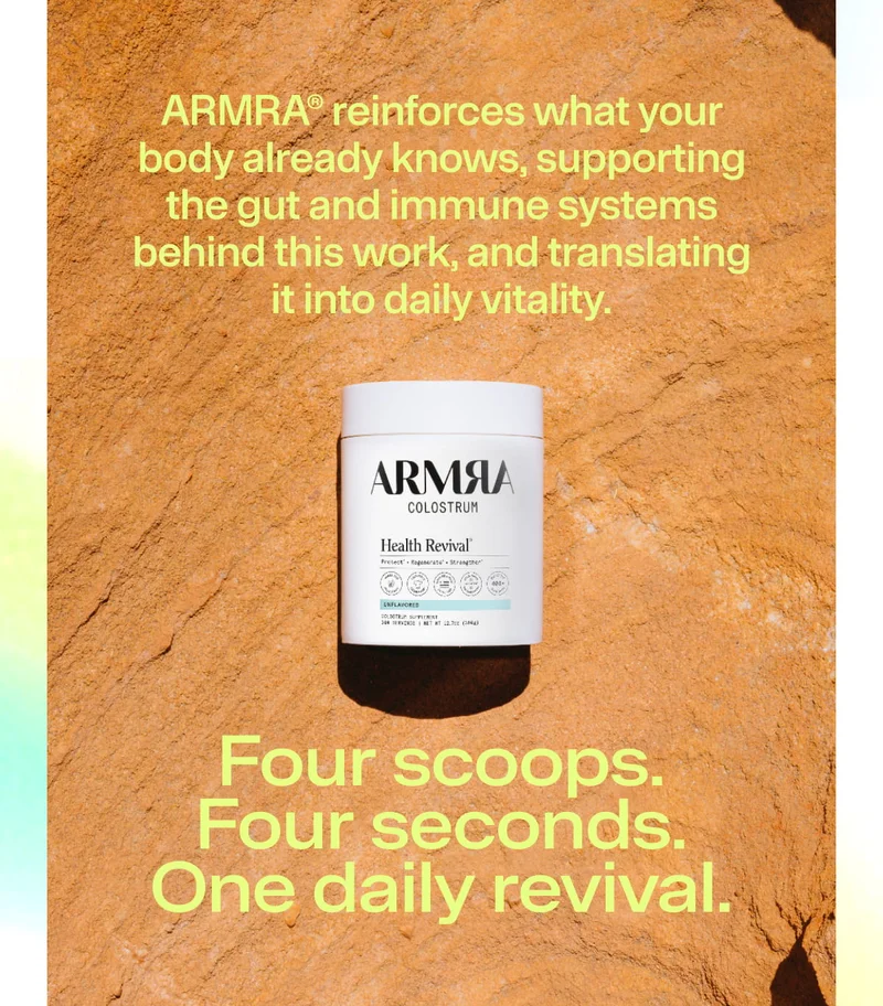 ARMRA Health Revival jar on rocky surface; text reads ‘Four scoops. Four seconds. One daily revival.’