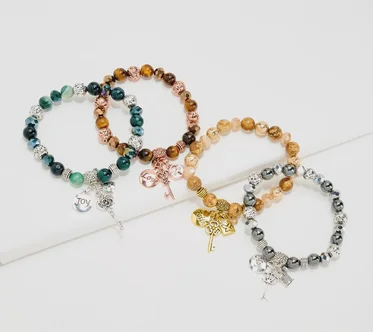 Set of 4 Gemstone & Lava Lock & Key Charm Bracelet w/ Organza Bag
