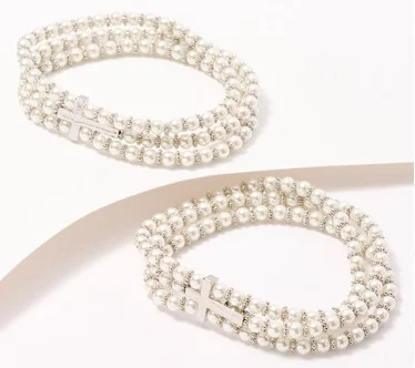 Faithful Heart S/2 Faux Pearl Bracelets with Cross by Valerie