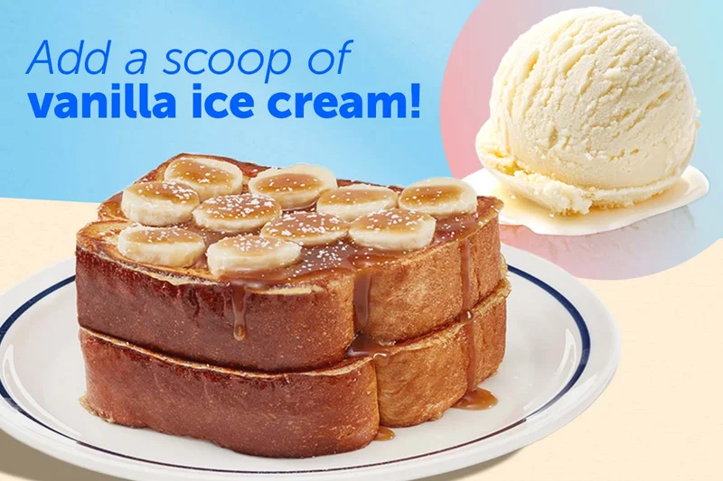 Bananas Foster French Toast on a plate, with an inset picture of a scoop of vanilla ice cream