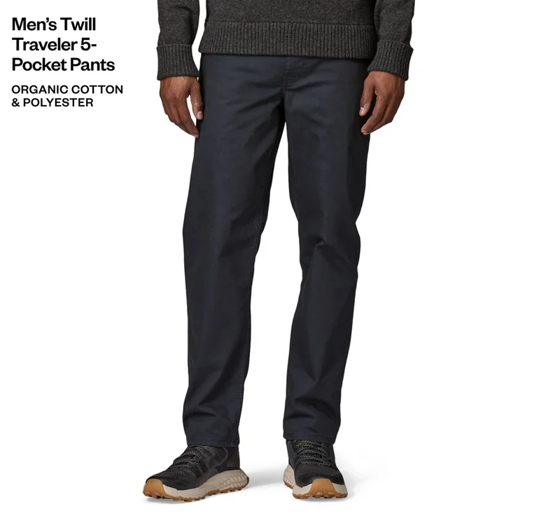 Men’s Twill Traveler 5-Pocket Pants in organic cotton and polyester.