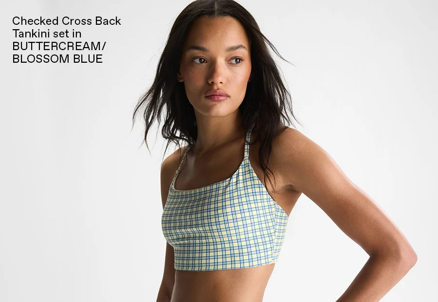 Checked Cross Back Tankini set in Buttercream & Blossom Blue