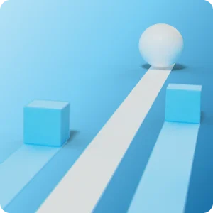 White ball rolling past blue cubes