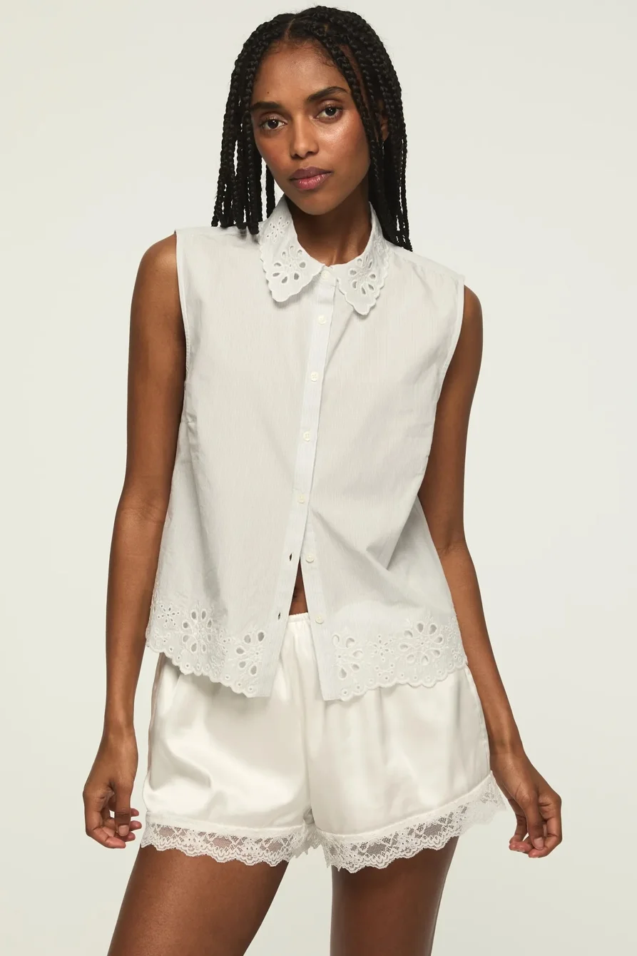 Image of Lucky Brand Sleeveless Eyelet Buttondown in #1643 Light Seashell