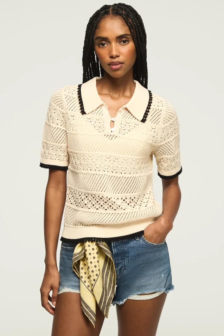 Image of Lucky Brand Lace Polo Sweater Tee - Women's Clothing Tops Shirts Tee Graphic T Shirts in Whitecap Gray