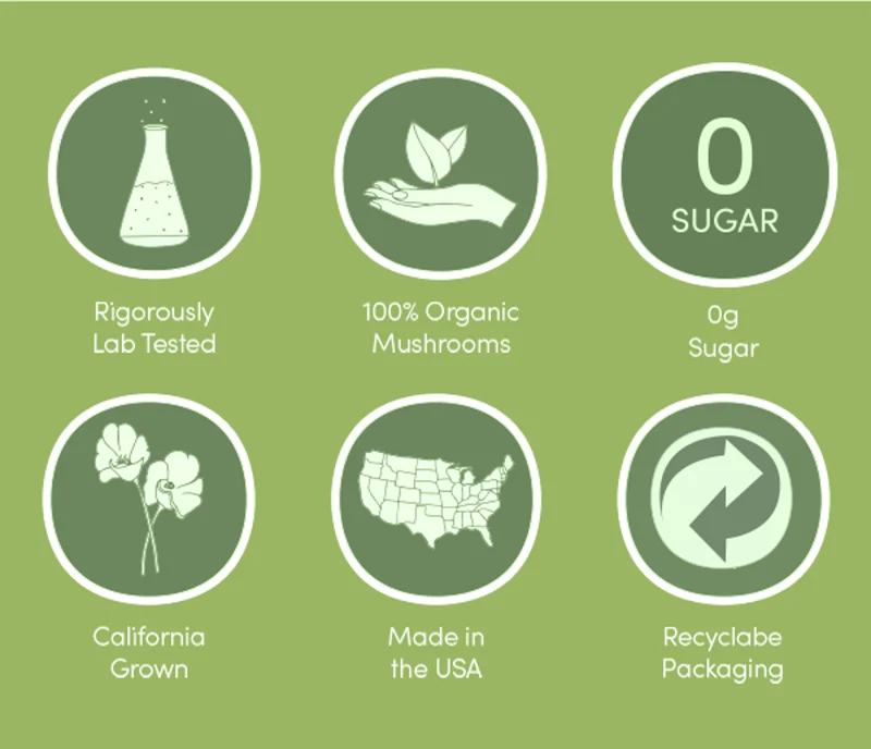 Rigorously lab tested, 100% organic mushrooms, 0g sugar, california grown, made in the USA, recyclable packaging