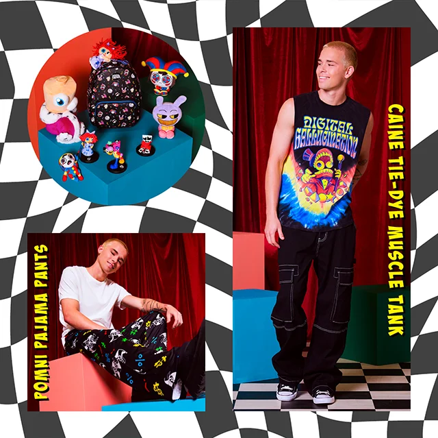 Products Shown - Pomni Pajama Pants And Caine Tie-Dye Muscle Tank