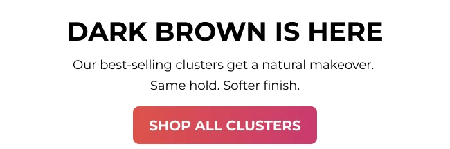 Dark brown lash clusters announcement with shop button.