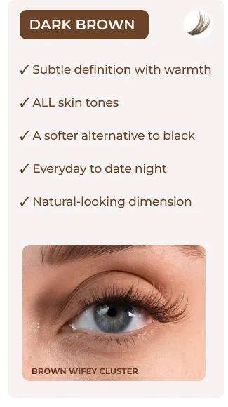 Dark brown lash cluster benefits with close-up eye photo.