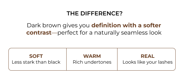 Graphic explaining soft, warm, natural benefits of dark brown lashes.