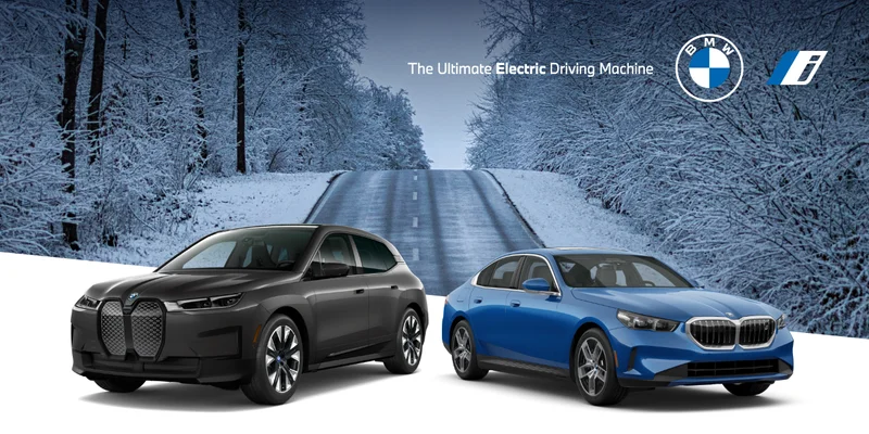 BMW iX and i5 in front of a snowy road. The Ultimate Electric Driving Machine. BMW i.