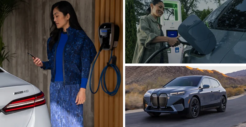 Woman charging her BMW Electric vehicle and the BMW iX driving on the road.