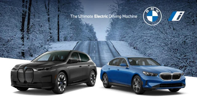 BMW iX and i5 in front of a snowy road. The Ultimate Electric Driving Machine. BMW i.