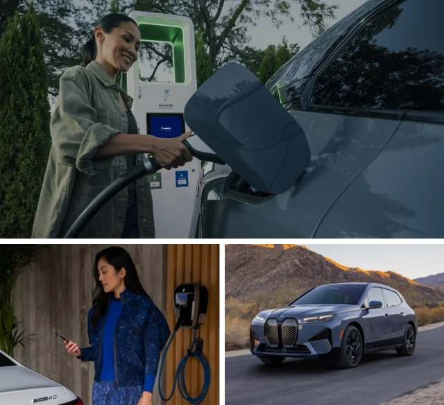 Woman charging her BMW Electric vehicle and the BMW iX driving on the road.