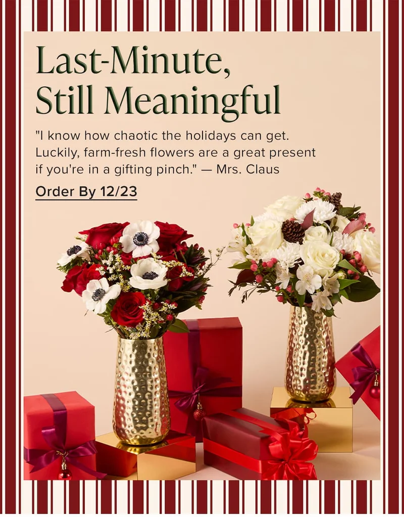 Last-Minute, Still Meaningful. "I know how chaotic the holidays can get. Luckily, farm-fresh flowers are a great present if you're in a gifting pinch." --Mrs. Clause. Order by 12/23