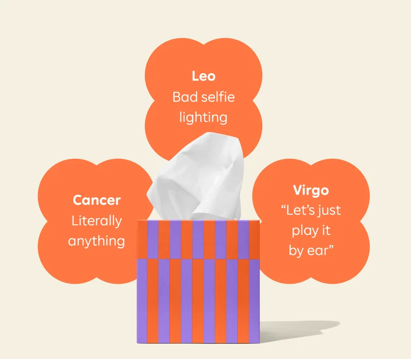 Things that make you cry: Cancer - Literally anything. Leo - Bad selfie lighting. Virgo - "Let's just play it by ear."