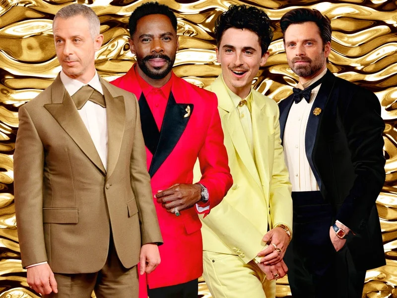 Image may contain: Colman Domingo, Timothée Chalamet, Jeremy Strong, Sebastian Stan, Blazer, Clothing, Coat, and Jacket