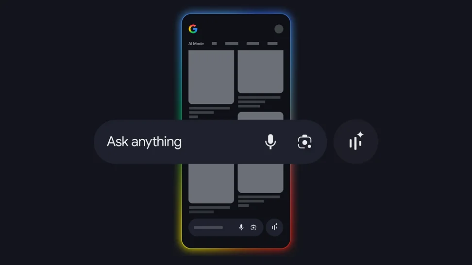 Dark smartphone interface with a glowing border, 'Ask anything' search bar, and AI sparkle icon.