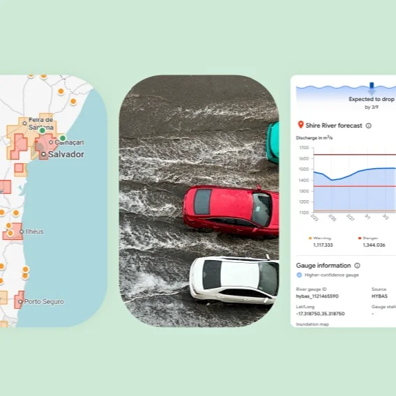 Brazil flood risk map, submerged cars, and river level forecast graph.