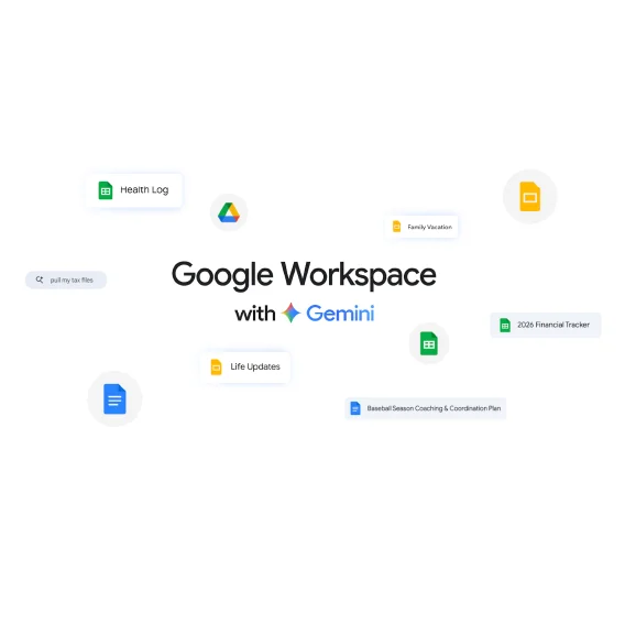 Google Workspace with Gemini logo surrounded by floating Google app icons and labeled files.