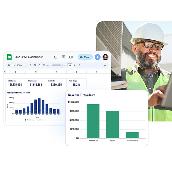 A technician in a hard hat and safety vest smiles Overlaid graphics of charts.
