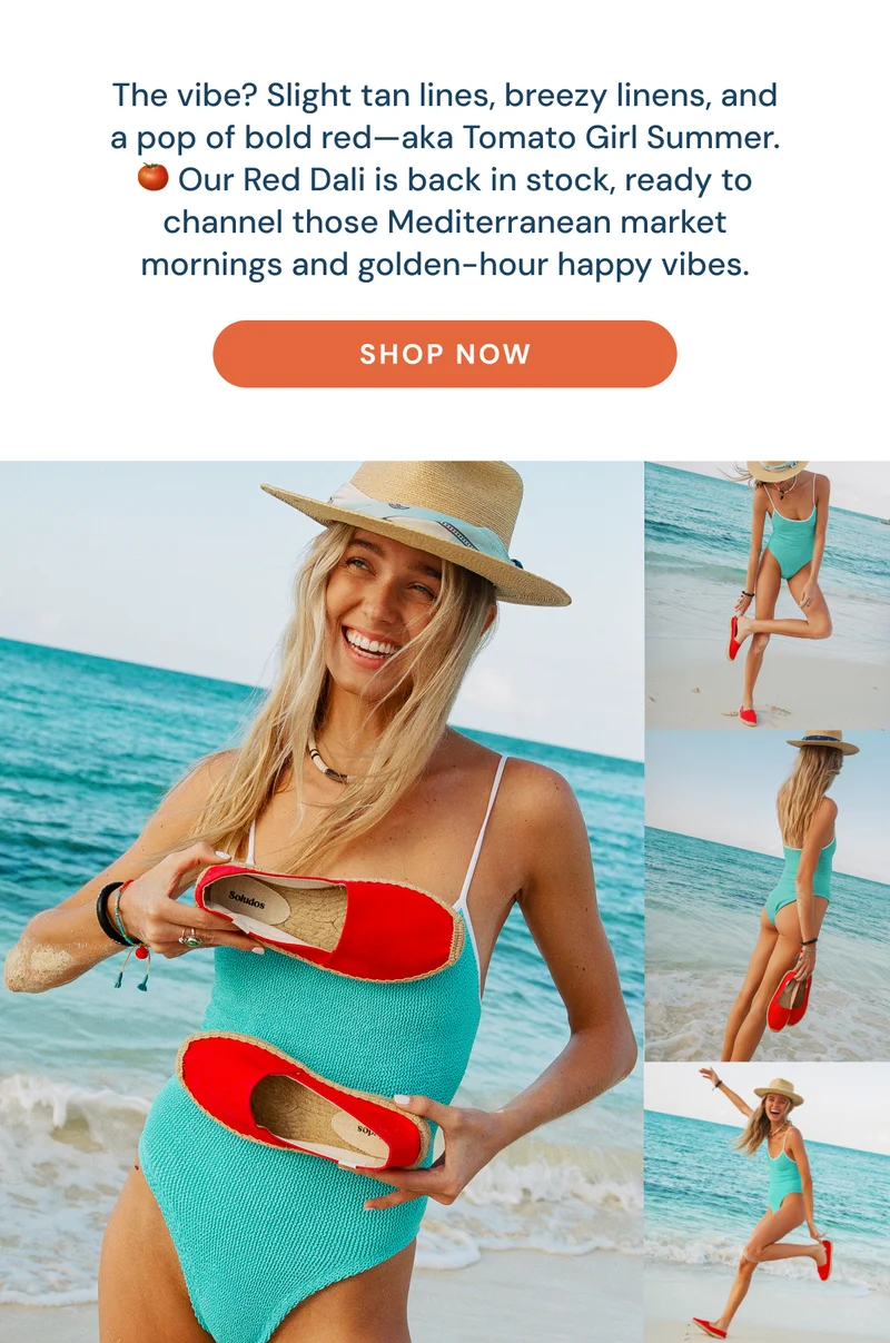 The vibe? Slight tan lines, breezy linens, and a pop of bold red—aka Tomato Girl Summer.🍅 Our Red Dali is back in stock, ready to channel those Mediterranean market mornings and golden-hour happy vibes. Shop Now