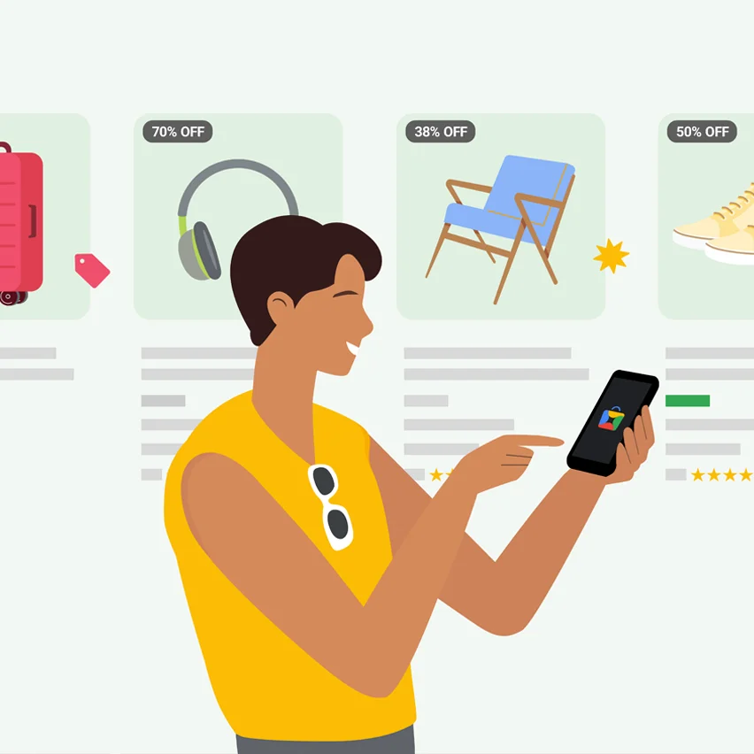 illustration of a person holding a smarphone against a backdrop of squares with shopping discounts