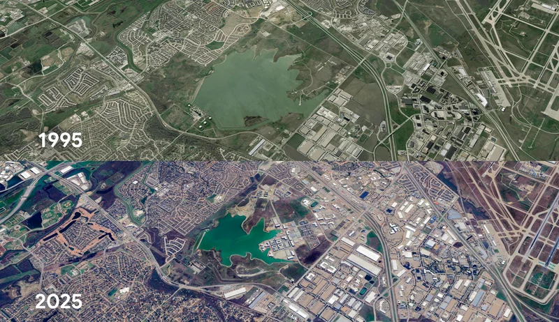 Two over under satellite images, one showing 1995 and one showing 2025, and topographical changes
