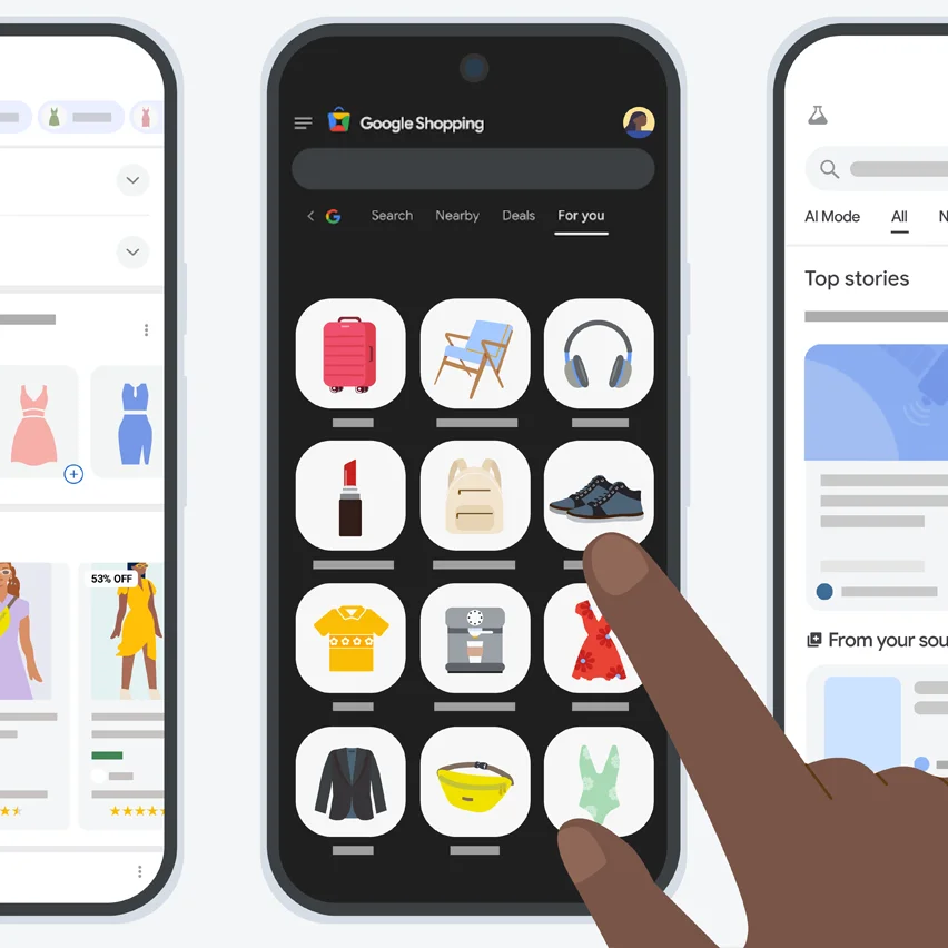 an illustration of three smartphones, with one showing a 'For you' option on Google Shopping