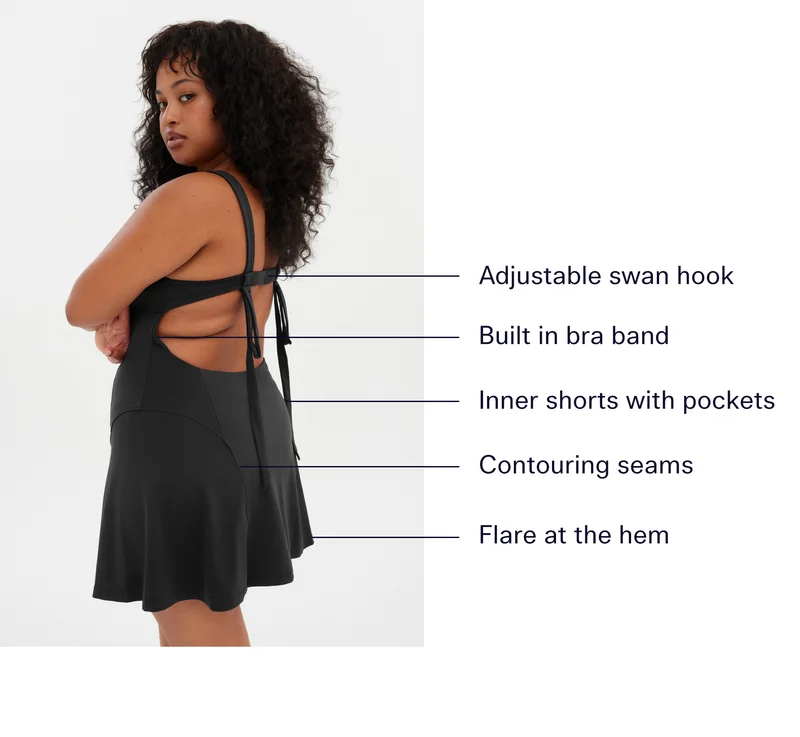 Adjustable swan hook, Built in bra band, Inner shorts with pockets, Contouring princess seams, Flare at the hem
