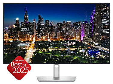 A visually stunning image on a Dell UltraSharp 32 4K monitor and an award label: PCWorld Best of 2025.