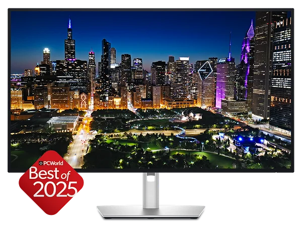 A visually stunning image on a Dell UltraSharp 32 4K monitor and an award label: PCWorld Best of 2025.