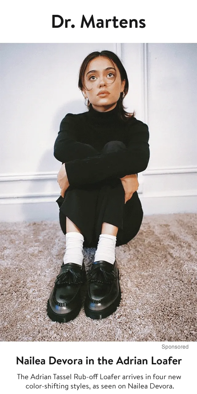 Nailea Devora wearing Dr. Martens Adrian loafers.