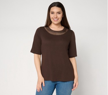 Denim & Co. Beach Knit Gauze Elbow Sleeve Top w/ Crochet