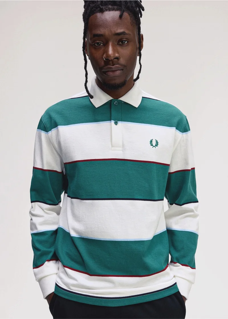 Male model wear long sleeved white and aqua green striped polo shirt