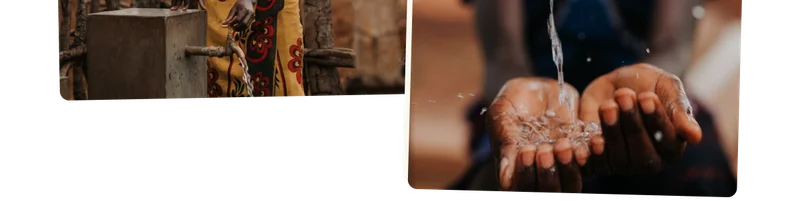 A photo of a woman at a hand pump. A close up photo of a woman washing her hands with clean water.
