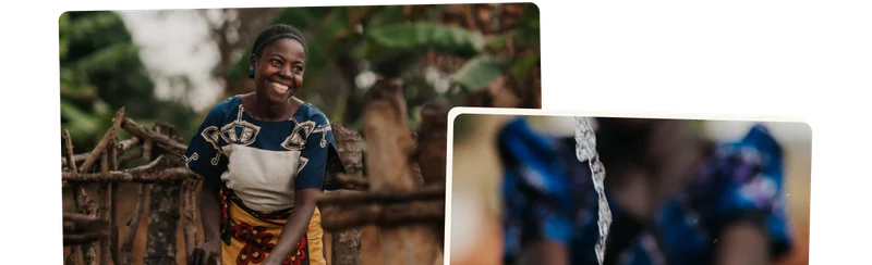 A photo of a woman at a hand pump. A close up photo of a woman washing her hands with clean water.