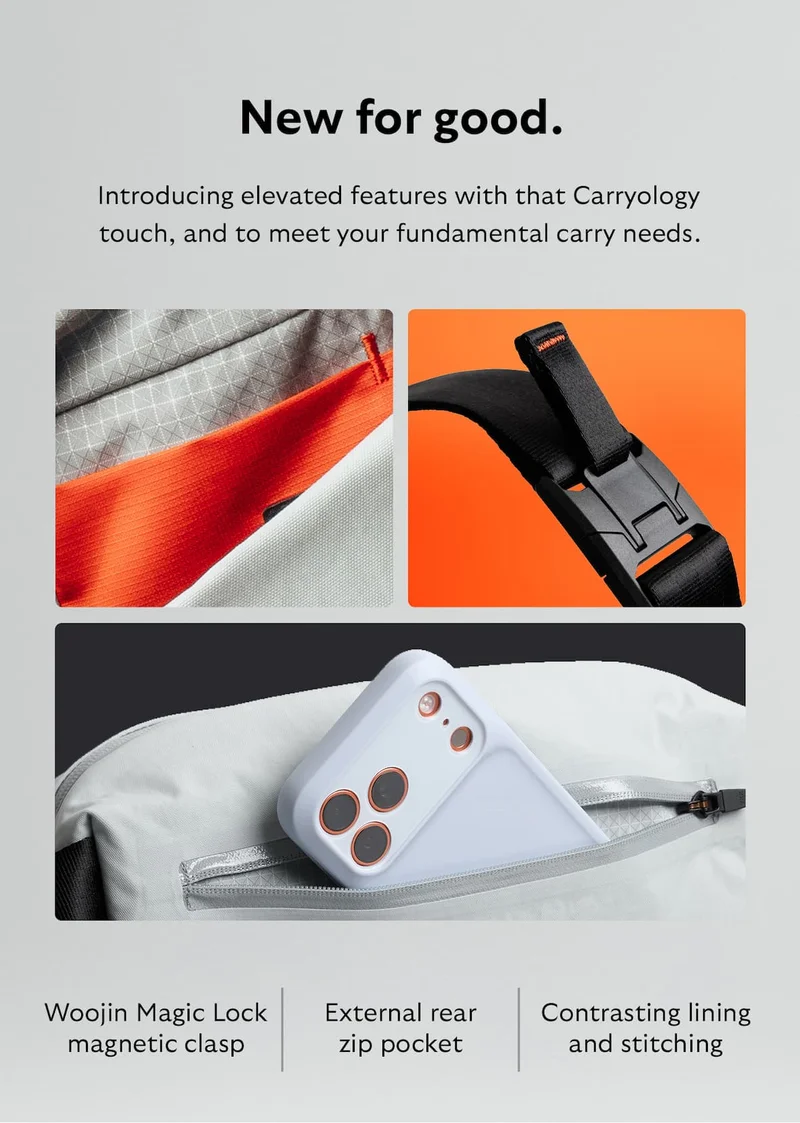 [Header] New for good. [Blurb] Introducing elevated features with that Carryology touch, and to meet your fundamental carry needs. [Feature] External rear zip pocket [Feature] Woojin Magic Lock magnetic clasp [Feature] Contrasting lining and stitching