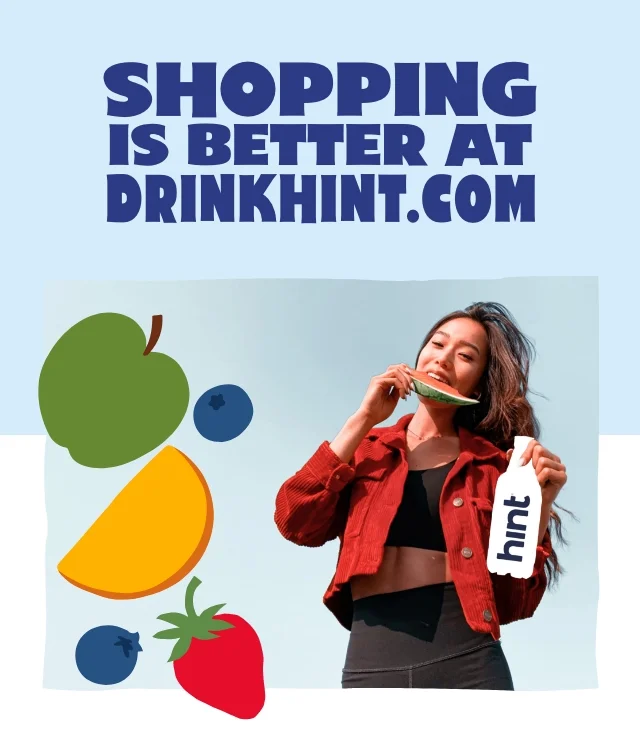 Shopping is better at drinkhint.com. Women eats a watermelon while holding a Hint bottle