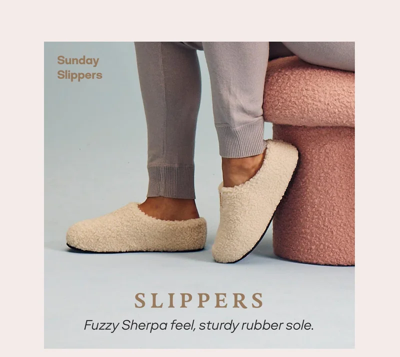 Sunday Slippers | SLIPPERS | Fuzzy Sherpa feel, sturdy rubber sole.