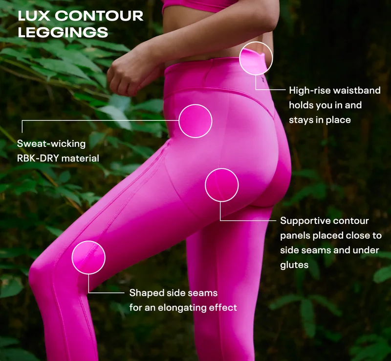 Lux Contour Leggings | High-rise waistband holds you in and stays in place, shaped side seams for an elongating effect, sweat-wicking RBK-DRY material, supportive contour panels placed close to side seams and under glutes and MOTIONFRESH anti-odor treatment in the gusset.