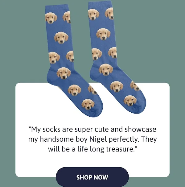 "My socks are super cute and showcase my handsome boy Nigel perfectly. They will be a life long treasure."
