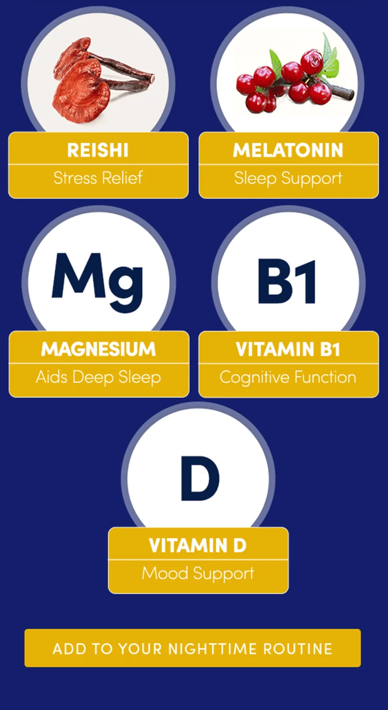 Reishi - stress relief, Melatonin - sleep support, Magnesium - aids deep sleep, Vitamin B1 - cognitive function, Vitamin D - mood support | ADD TO NIGHTTIME ROUTINE