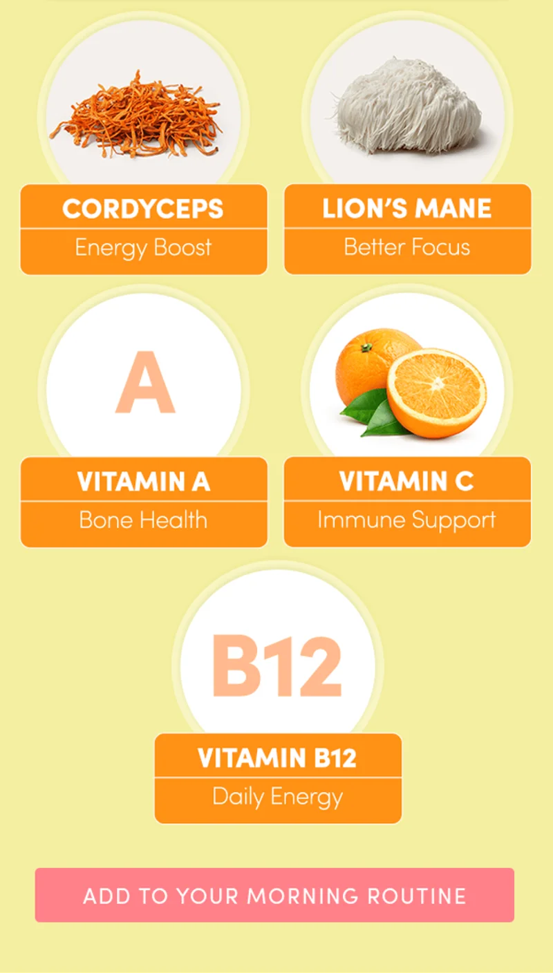 Cordyceps - energy boost, Lion’s Mane - better focus, Vitamin A - bone health, Vitamin C - immune support, Vitamin B12 - daily energy | ADD TO YOUR MORNING ROUTINE