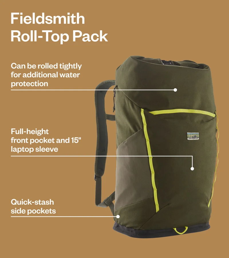 The Fieldsmith Roll-Top Pack has a lid that can be rolled tightly for additional water protection, a full-height front pocket, a 15-inch laptop sleeve and quick-stash side pockets.