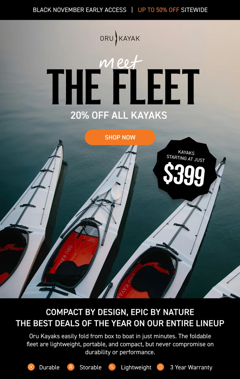 BLACK FRIDAY EARLY ACCESS: 20% OFF ALL KAYAKS + GET A FREE WATERPROOF BACKPACK ($99 VALUE) WITH KAYAK PURCHASE BLACK FRIDAY EARLY ACCESS: 20% OFF ALL KAYAKS + GET A FREE WATERPROOF BACKPACK ($99 VALUE) WITH KAYAK PURCHASE