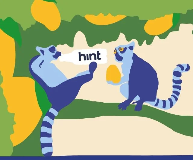 Illustration of lemurs drinking Mango Hint in a tree.